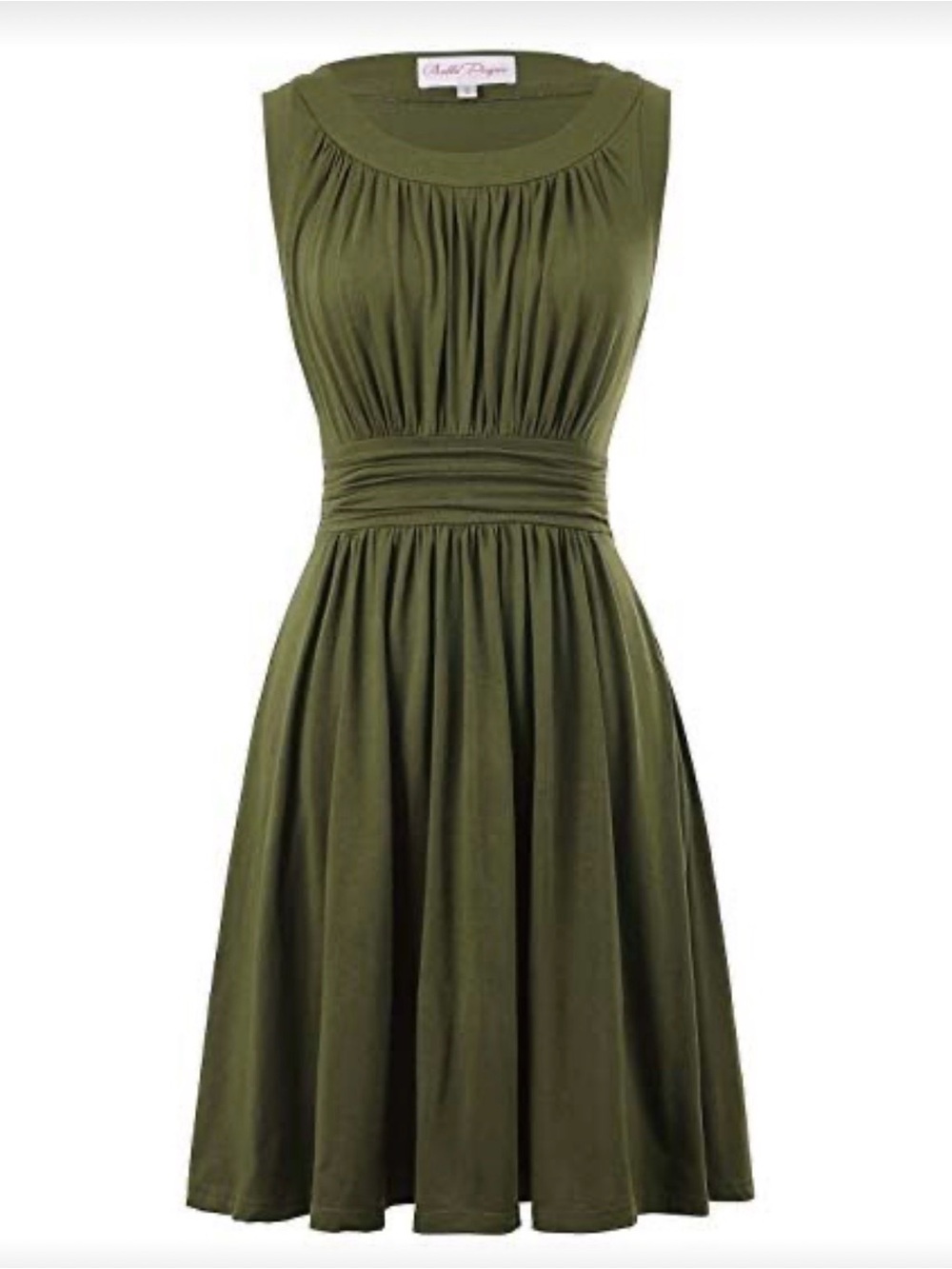 Sleeveless Olive Green Ruched Waist Dress